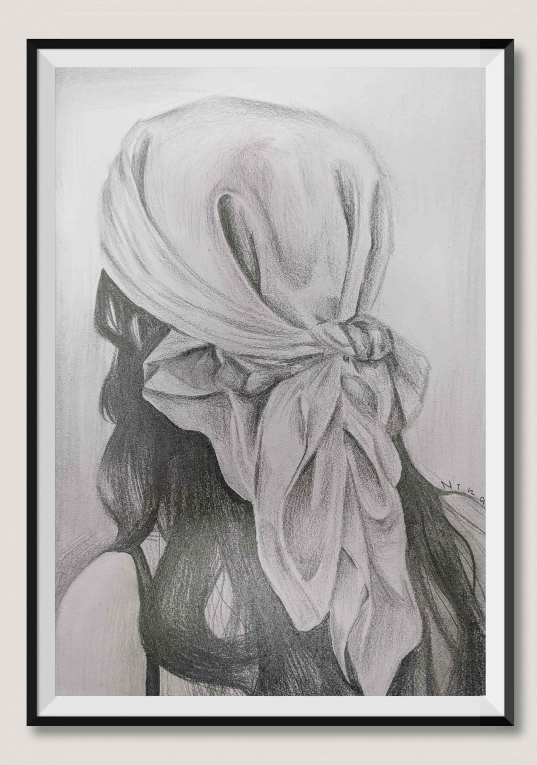 A graphite drawing of a figure wearing a tied headscarf