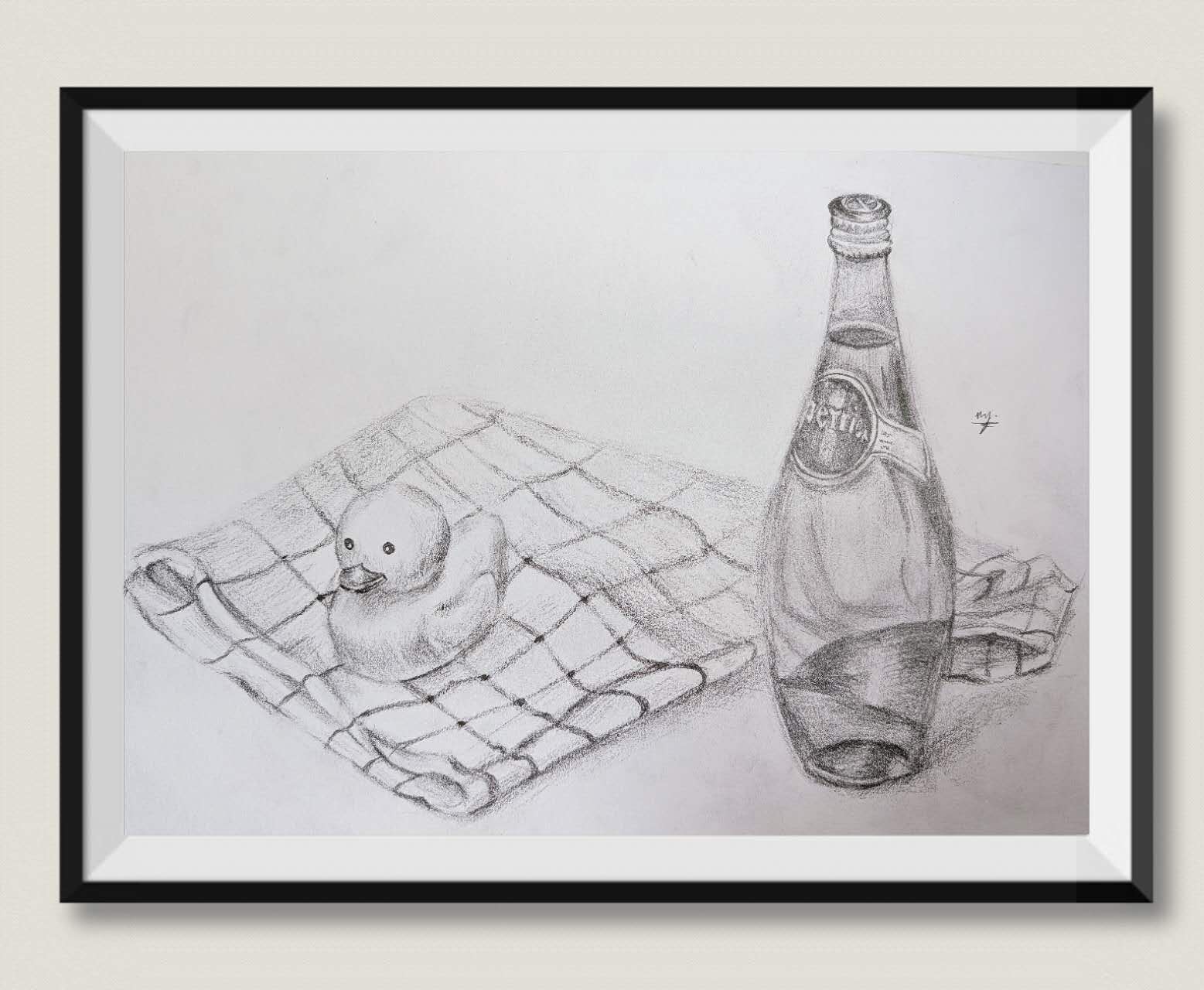 Bottle and folded cloth still life