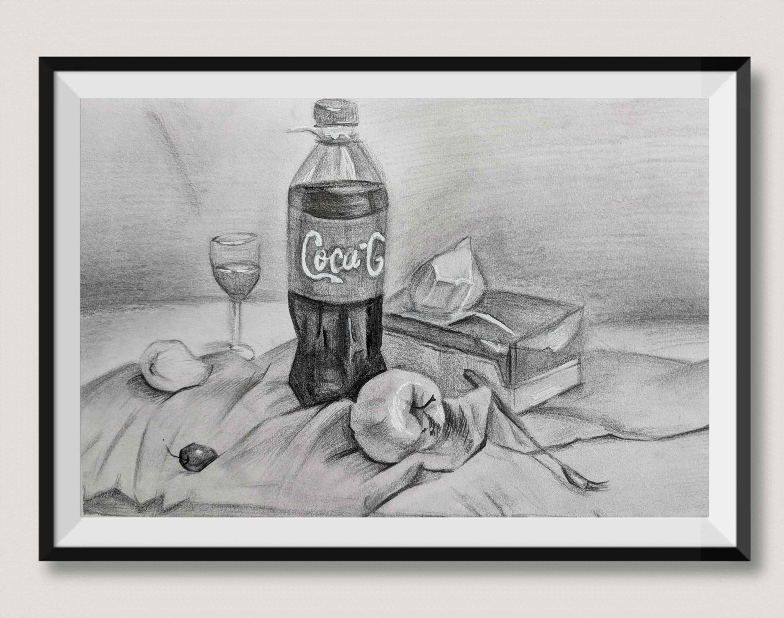 Bottle, glass, and fruit still life