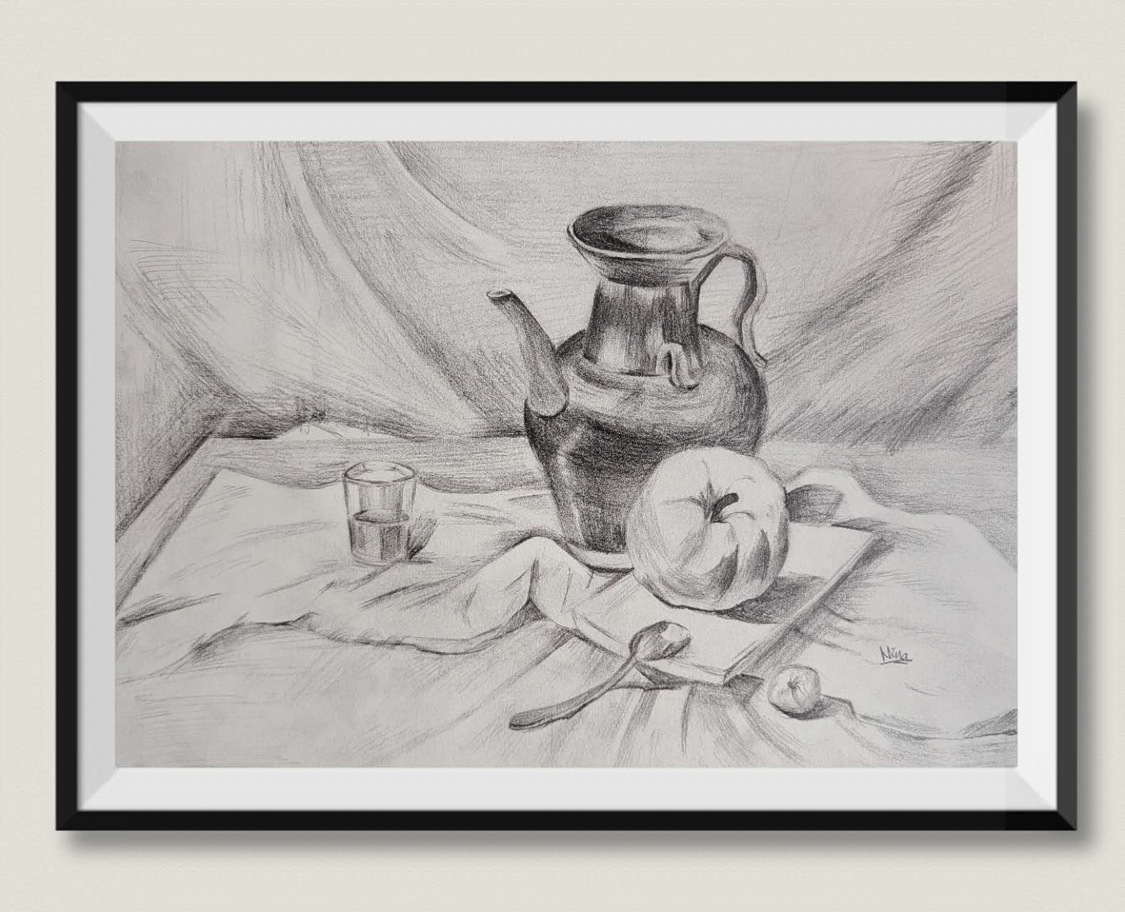 Pitcher and fruit on draped fabric