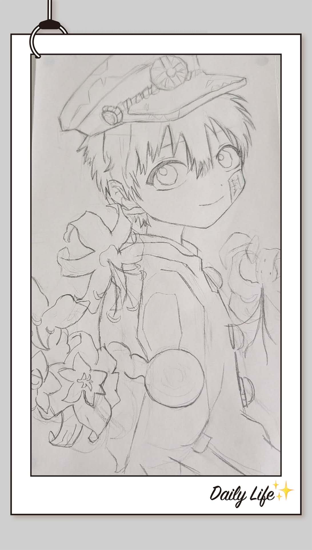 Character line drawing with hanging-frame border