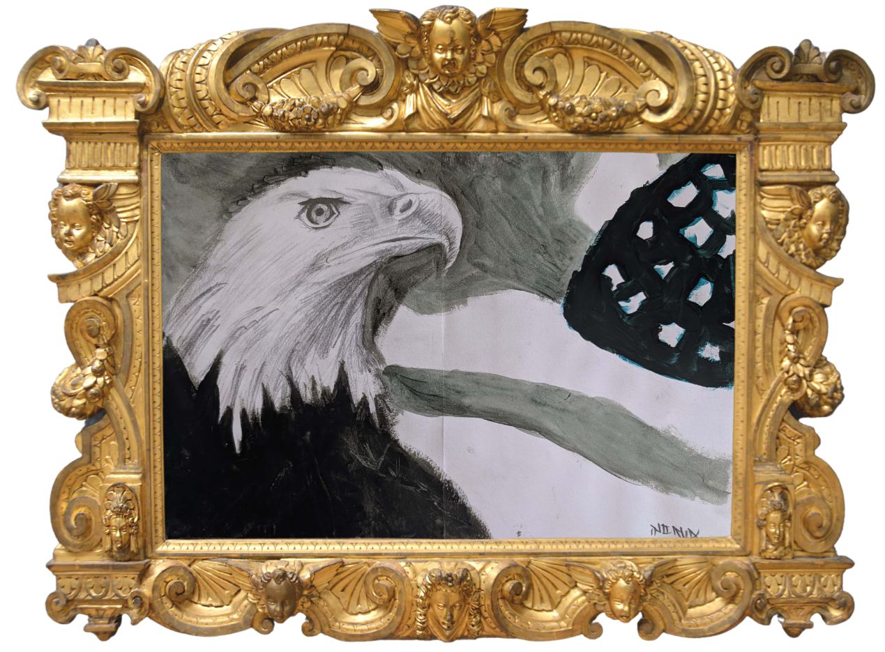 Eagle and flag composition in ornate gold frame