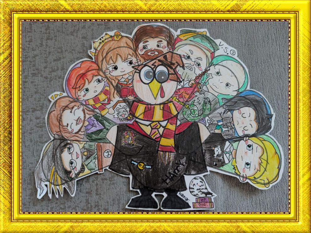 Group of illustrated characters in gold frame