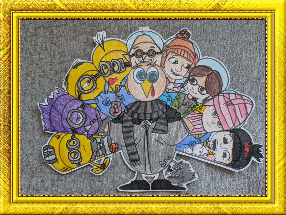 Group of illustrated figures in gold frame